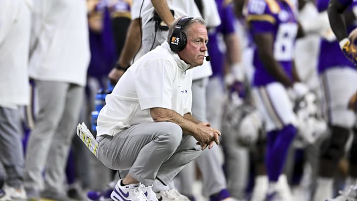 Dec 31, 2024; Houston, TX, USA; LSU Tigers head coach Brian Kelly looks on during the second half against the Baylor Bears at NRG Stadium. The Tigers defeat the Bears 44-31. Mandatory Credit: Maria Lysaker-Imagn Images 