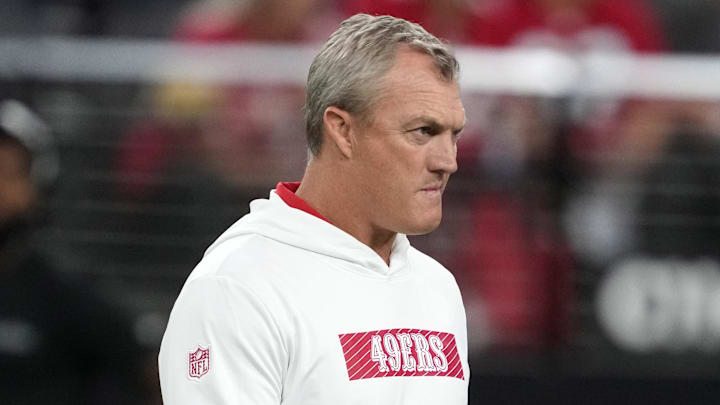 Aug 23, 2024; Paradise, Nevada, USA; San Francisco 49ers general manager John Lynch reacts during the game against the Las Vegas Raiders at Allegiant Stadium. Mandatory Credit: Kirby Lee-Imagn Images