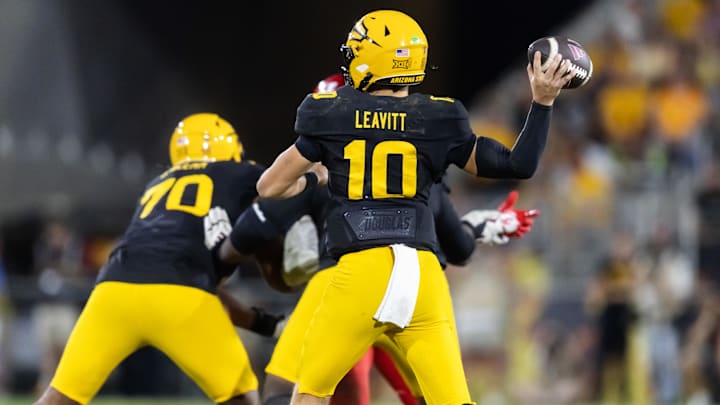 Detailed view of the jersey of Arizona State Sun Devils quarterback Sam Leavitt (10) against the Houston Cougars