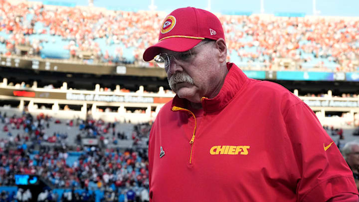 Nov 24, 2024; Charlotte, North Carolina, USA; Kansas City Chiefs head coach Andy Reid walks off the field after the game at Bank of America Stadium. Mandatory Credit: Bob Donnan-Imagn Images