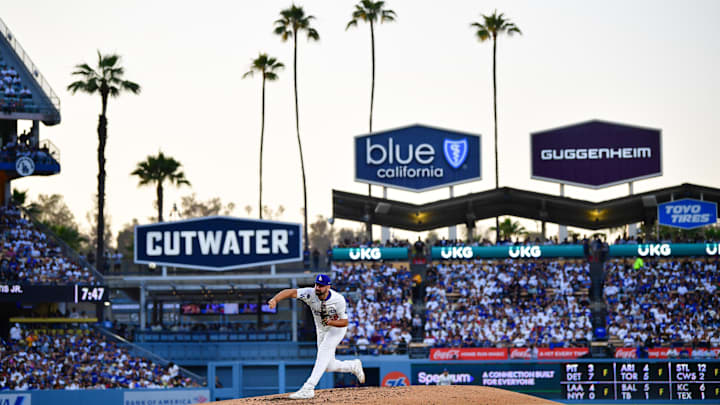 Dodgers relief pitcher Lou Trivino (58) throws a pitch during the third inning against the San Diego Padres at Dodger Stadium on June 17.