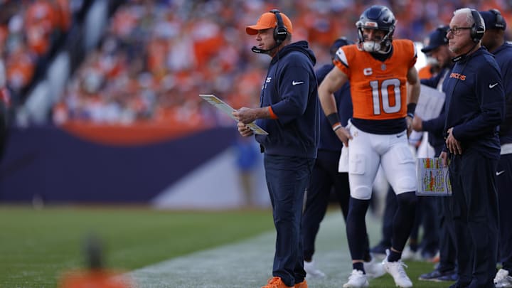Dec 14, 2025; Denver, Colorado, USA; Denver Broncos head coach Sean Payton stands on the sidelines during the second quarter against the Green Bay Packers at Empower Field at Mile High. Mandatory Credit: Isaiah J. Downing-Imagn Images