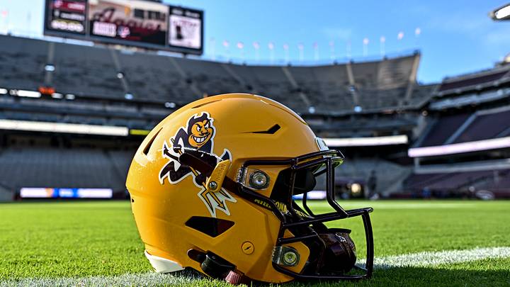Sep 12, 2026; College Station, Texas, USA;  A detail view of the Arizona State Sun Devils logo on a helmet prior to the game against the Texas A&M Aggies at Kyle Field. 