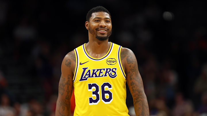 Oct 14, 2025; Phoenix, Arizona, USA; Los Angeles Lakers guard Marcus Smart (36) against the Phoenix Suns during an NBA preseason game at Mortgage Matchup Center. Mandatory Credit: Mark J. Rebilas-Imagn Images

