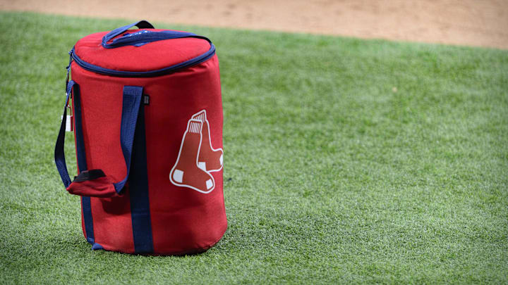 Apr 29, 2021; Arlington, Texas, USA; A view of the Boston Red Sox logo and a field bag during batting practice before the game between the Texas Rangers and the Boston Red Sox at Globe Life Field. Mandatory Credit: Jerome Miron-Imagn Images