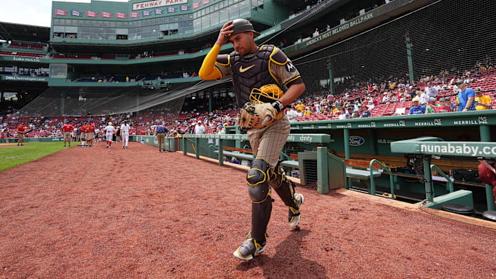 Jun 30, 2024; Boston, Massachusetts, USA; San Diego Padres catcher Kyle Higashioka (20) before the start of a game against the Boston Red Sox at Fenway Park. Jun 30, 2024; Boston, Massachusetts, USA; San Diego Padres catcher Kyle Higashioka (20) before the start of a game against the Boston Red Sox at Fenway Park.