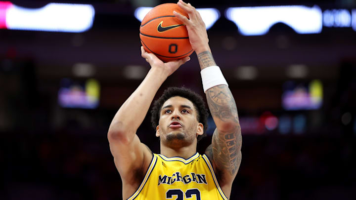 Feb 8, 2026; Columbus, Ohio, USA;  Michigan Wolverines forward Yaxel Lendeborg (23) shoots a free throw during the first half against the Ohio State Buckeyes at Value City Arena. Mandatory Credit: Joseph Maiorana-Imagn Images