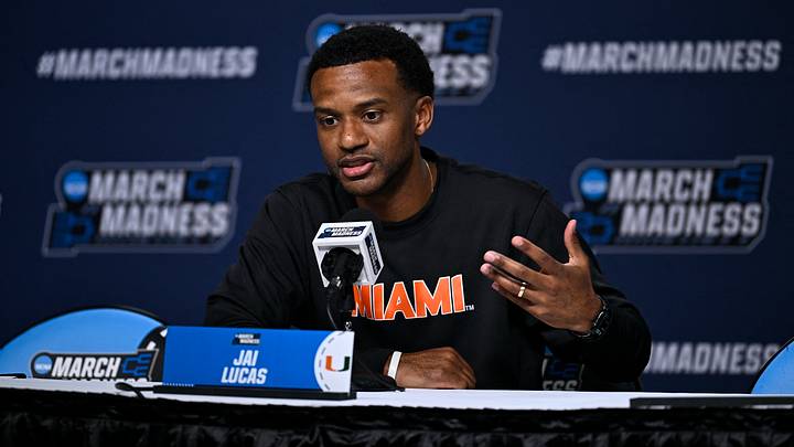 Mar 19, 2026; St. Louis, MO, USA; Miami (FL) Hurricanes head coach Jai Lucas talks to the media during a practice session ahead of the first round of the men's 2026 NCAA Tournament at Enterprise Center. Mandatory Credit: Jeff Le-Imagn Images