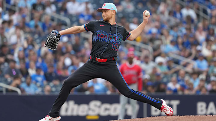 Jul 4, 2025; Toronto, Ontario, CAN; Toronto Blue Jays pitcher Eric Lauer (56) throws a pitch against the Los Angeles Angels during the first inning at Rogers Centre.