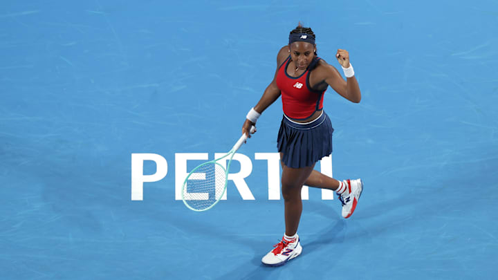 Coco Gauff of the USA celebrates a point against Leylah Fernandez of Canada during their group stage match of the 2025 United Cup. Coco Gauff of the USA celebrates a point against Leylah Fernandez of Canada during their group stage match of the 2025 United Cup.