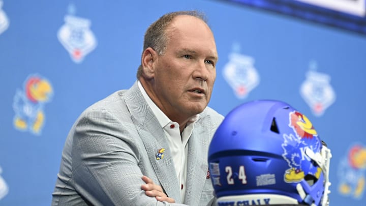 Jul 10, 2024; Las Vegas, NV, USA; Kansas Jayhawks head coach Lance Leipold speaks to the media during the Big 12 Media Days at Allegiant Stadium. Mandatory Credit: Candice Ward-Imagn Images