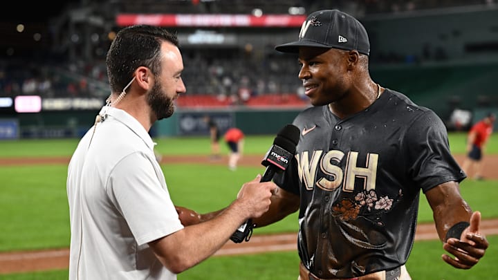 Sep 27, 2024; Washington, District of Columbia, USA;  Washington Nationals designated hitter Stone Garrett (36) is interviewed after the game against the Philadelphia Phillies at Nationals Park.