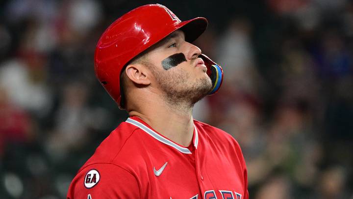 Jun 17, 2026; Phoenix, Arizona, USA; Los Angeles Angels center fielder Mike Trout (27) looks on in the first inning against the Arizona Diamondbacks at Chase Field. Mandatory Credit: Matt Kartozian-Imagn Images Jun 17, 2026; Phoenix, Arizona, USA; Los Angeles Angels center fielder Mike Trout (27) looks on in the first inning against the Arizona Diamondbacks at Chase Field. Mandatory Credit: Matt Kartozian-Imagn Images