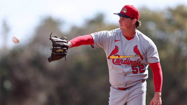 Feb 14, 2026; Jupiter, FL, USA; St. Louis Cardinals pitcher Brycen Mautz (52) pitches during spring training at Roger Dean Chevrolet Stadium. Mandatory Credit: Sam Navarro-Imagn Images
