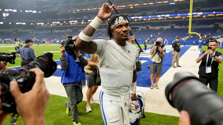 Indianapolis Colts quarterback Anthony Richardson (5) leaves the field Sunday, Sept. 22, 2024, after winning a game against the Chicago Bears at Lucas Oil Stadium in Indianapolis.