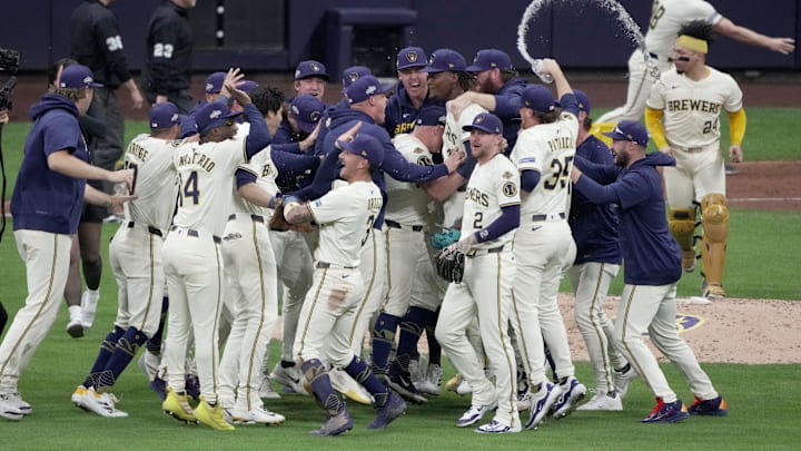 The Milwaukee Brewers celebrate their 3-1 win over the Chicago Cubs after their National League Division Series game Saturday, October 11, 2025 at American Family Field in Milwaukee, Wisconsin.
Mark Hoffman/Milwaukee Journal Sentinel The Milwaukee Brewers celebrate their 3-1 win over the Chicago Cubs after their National League Division Series game Saturday, October 11, 2025 at American Family Field in Milwaukee, Wisconsin.
Mark Hoffman/Milwaukee Journal Sentinel