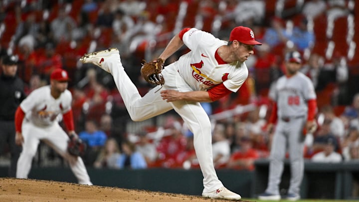 Jul 8, 2025; St. Louis, Missouri, USA;  St. Louis Cardinals relief pitcher Steven Matz (32) pitches against the Washington Nationals during the sixth inning at Busch Stadium. Mandatory Credit: Jeff Curry-Imagn Images