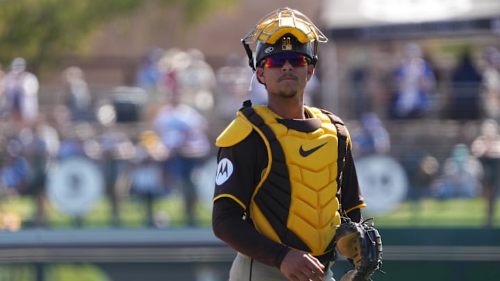 Ethan Salas (90) looks on against the Los Angeles Dodgers.