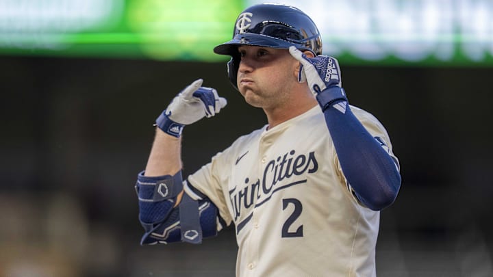 May 7, 2025; Minneapolis, Minnesota, USA; Minnesota Twins third baseman Brooks Lee (2) celebrates after hitting a single against the Baltimore Orioles in the fourth inning at Target Field.