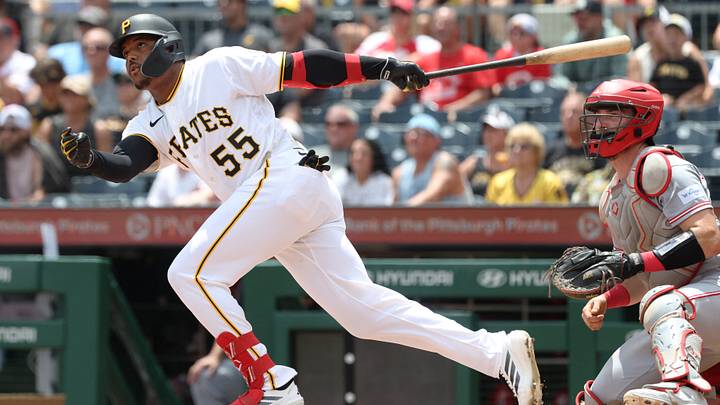 Jun 28, 2026; Pittsburgh, Pennsylvania, USA; Pittsburgh Pirates right fielder Esmerlyn Valdez (55) hits an RBI double against the Cincinnati Reds during the second inning at PNC Park. Mandatory Credit: Charles LeClaire-Imagn Images Jun 28, 2026; Pittsburgh, Pennsylvania, USA; Pittsburgh Pirates right fielder Esmerlyn Valdez (55) hits an RBI double against the Cincinnati Reds during the second inning at PNC Park. Mandatory Credit: Charles LeClaire-Imagn Images