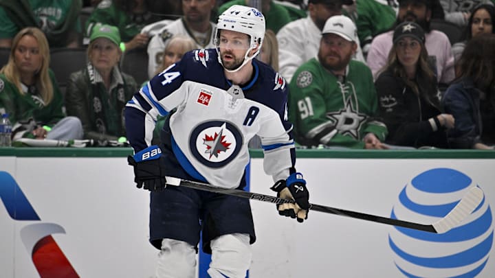 May 11, 2025; Dallas, Texas, USA; Winnipeg Jets defenseman Josh Morrissey (44) in action during the game between the Dallas Stars and the Winnipeg Jets in game three of the second round of the 2025 Stanley Cup Playoffs at American Airlines Center. Mandatory Credit: Jerome Miron-Imagn Images