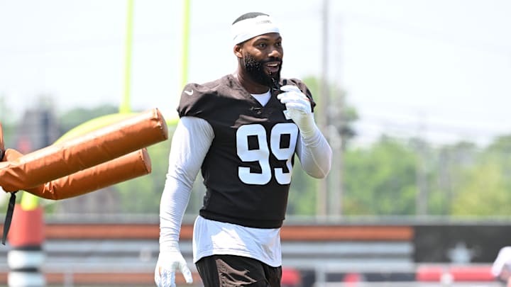 Aug 4, 2024; Cleveland Browns defensive end Za'Darius Smith (99) during practice at the Browns training facility in Berea, Ohio.