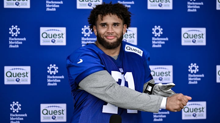 May 10, 2025; East Rutherford, NJ, USA; New York Giants offensive lineman Marcus Mbow (71) speaks during a press conference after rookie minicamp at Quest Diagnostics Training Center. Mandatory Credit: John Jones-Imagn Images
