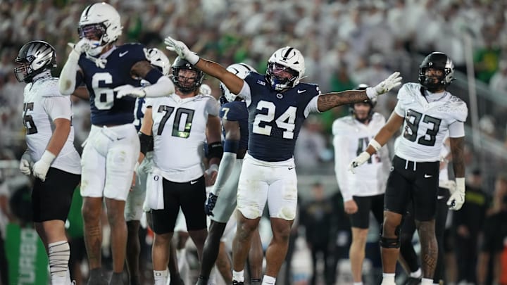 Penn State Nittany Lions linebacker Amare Campbell (24) reacts after tackling Oregon Ducks quarterback Dante Moore (5) during the second quarter at Beaver Stadium. 
