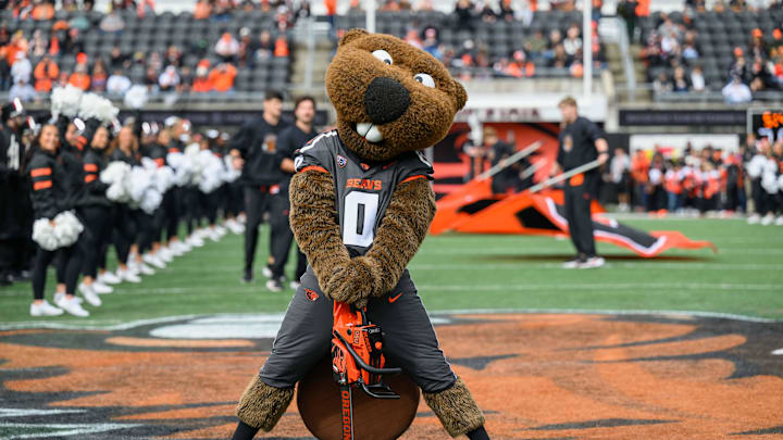 Oct 11, 2025; Corvallis, Oregon, USA; Oregon State Beavers mascot Benny Beaver on the field prior to the game against the Wake Forest Demon Deacons at Reser Stadium. Mandatory Credit: Craig Strobeck-Imagn Images