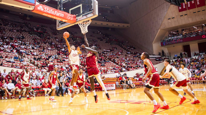 Indiana's Anthony Leal (3) looks to score in the scrimmage during Hoosier Hysteria at Simon Skjodt Assembly Hall on Friday, Oct. 18, 2024. Indiana's Anthony Leal (3) looks to score in the scrimmage during Hoosier Hysteria at Simon Skjodt Assembly Hall on Friday, Oct. 18, 2024.