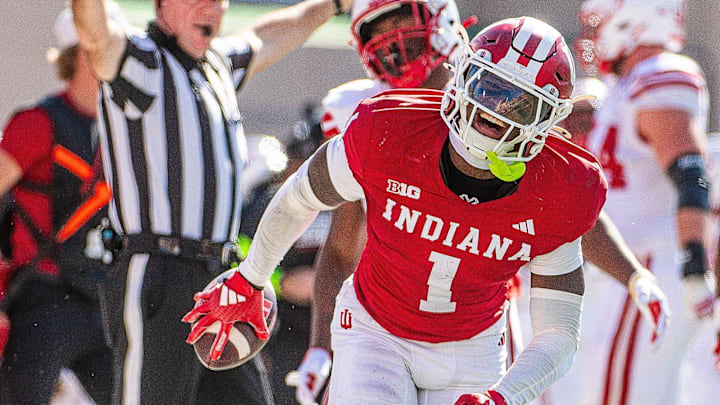 Indiana's Shawn Asbury II (1) celebrates his interception at the Indiana versus Nebraska football game at Memorial Stadium on Saturday, Oct. 19, 2024.