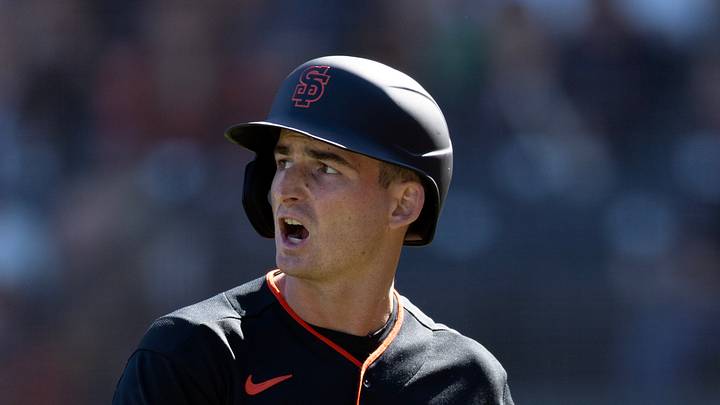 San Francisco, California, USA;  San Francisco Giants left fielder  Turner Hill (52) reacts to striking out against the San Diego Padres pitcher Mason Miller during the ninth inning at Oracle Park.  Mandatory Credit: D. Ross Cameron-Imagn Images