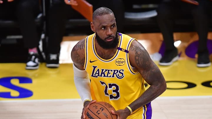 Apr 30, 2025; Los Angeles, California, USA; Los Angeles Lakers forward LeBron James (23) controls the ball against the Minnesota Timberwolves during the second half in game five of first round for the 2025 NBA Playoffs at Crypto.com Arena. 