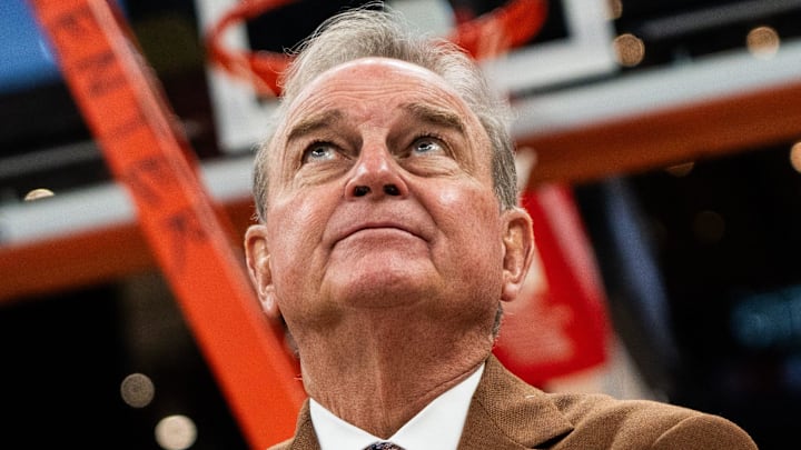 Texas Longhorns head coach Vic Schaefer watches the coin toss to decide the seeding for the SEC Tournament following the Longhorns' win over the Florida Gators, March 2, 2025. With the 72-46 win over the Gators, the Texas Longhorns become regular season SEC Champions.