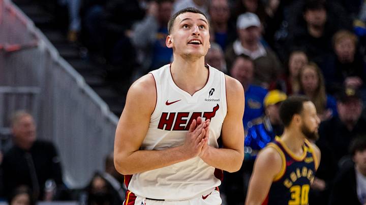 Miami Heat forward Nikola Jovic (5) reacts (Mandatory Credit: John Hefti-Imagn Images)