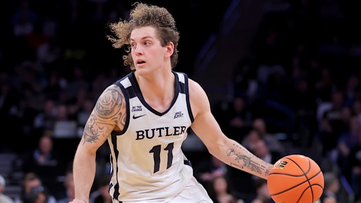 Mar 11, 2026; New York, NY, USA; Butler Bulldogs guard Finley Bizjack (11) controls the ball against the Providence Friars during the second half at Madison Square Garden. Mandatory Credit: Brad Penner-Imagn Images