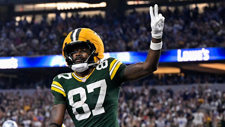 Sep 28, 2025; Arlington, Texas, USA; Green Bay Packers wide receiver Romeo Doubs (87) celebrates in the end zone after he catches a pass for a touchdown during the game between the Dallas Cowboys and the Green Bay Packers. Sep 28, 2025; Arlington, Texas, USA; Green Bay Packers wide receiver Romeo Doubs (87) celebrates in the end zone after he catches a pass for a touchdown during the game between the Dallas Cowboys and the Green Bay Packers.