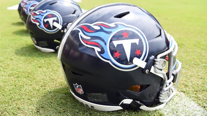 Jul 29, 2023; Nashville, TN, USA; View of helmets on the field as Tennessee Titans players finish training camp practice. 