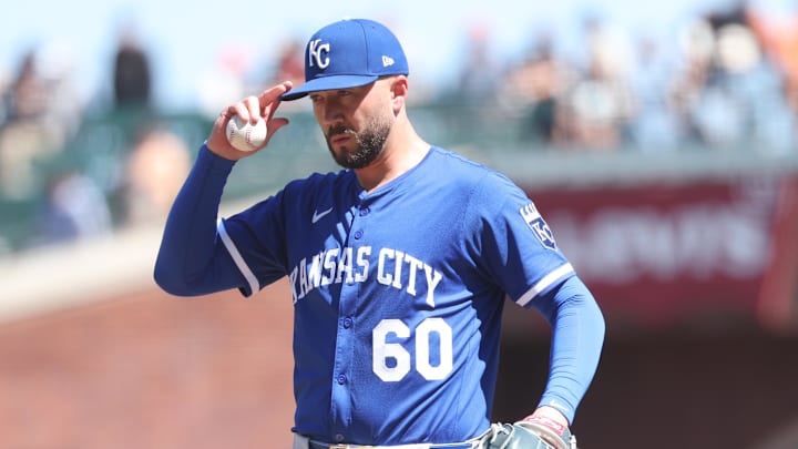 May 21, 2025; San Francisco, California, USA; Kansas City Royals relief pitcher Lucas Erceg (60) adjusts his hat during the ninth inning against the San Francisco Giants at Oracle Park. Mandatory Credit: Kelley L Cox-Imagn Images