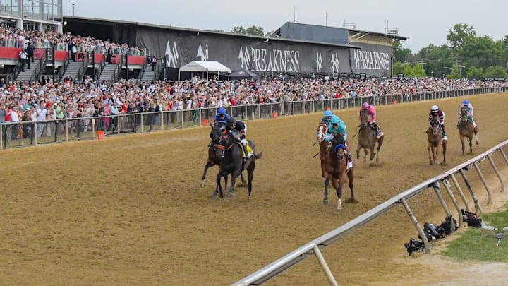 May 20, 2023; Baltimore, Maryland, USA; Horse race down the straight away during the running off the