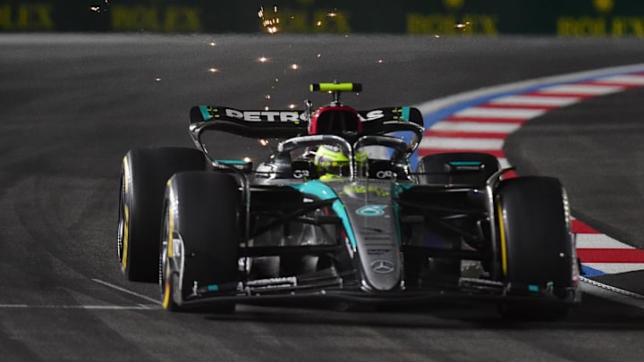 Nov 23, 2024; Las Vegas, Nevada, USA; Mercedes AMG Petronas driver Lewis Hamilton (44) during the Las Vegas Grand Prix at Las Vegas Circuit. Mandatory Credit: Gary A. Vasquez-Imagn Images