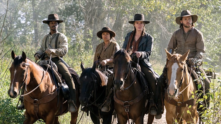 THE ABANDONS. (L to R) Lamar Johnson as Albert Mason, Natalia del Riego as Lilla Belle, Lena Headey as Fiona Nolan, and Nick Robinson as Elias Teller in Episode 106 of The Abandons