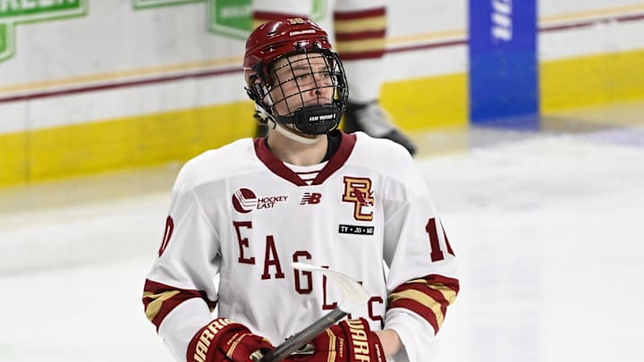 Feb 28, 2025; Chestnut Hill, MA, USA; Boston College forward James Hagens (10) warms up before a game against the University of New Hampshire Wildcats at Conte Forum. Mandatory Credit: Eric Canha-Imagn Images