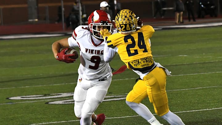 Moeller's Chris Bradley (24) grabs the face mask of Princeton's Landen Miree (9) in the OHSAA Division I football regional semifinals Nov. 15, 2024, at Dwire Field Mason, Ohio.