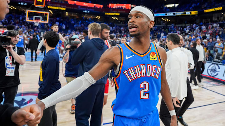 Thunder's Shai Gilgeous-Alexander (2) greets Grizzlies' Jaylen Wells (0) after the Thunder defeated the Grizzlies 117-115 in Game 4 to win the first-round NBA playoff series at FedExForum in Memphis, Tenn., on Saturday, April 26, 2025. Thunder's Shai Gilgeous-Alexander (2) greets Grizzlies' Jaylen Wells (0) after the Thunder defeated the Grizzlies 117-115 in Game 4 to win the first-round NBA playoff series at FedExForum in Memphis, Tenn., on Saturday, April 26, 2025.