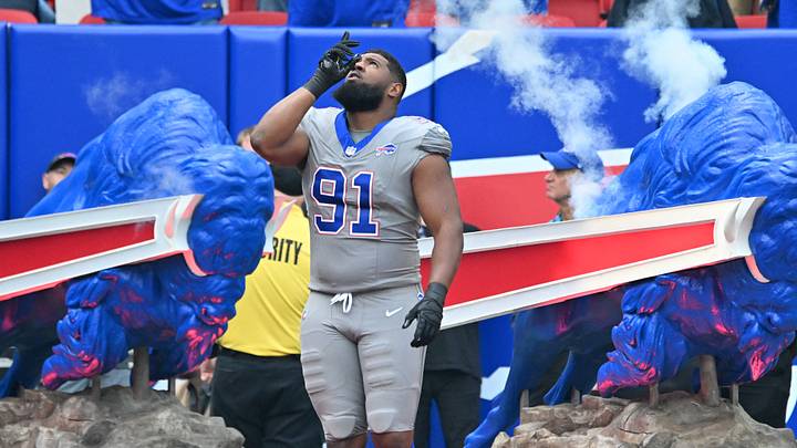 Sep 27, 2026; Orchard Park, New York, USA;  Buffalo Bills defensive tackle Ed Oliver (91) enters the field prior to the game against the Los Angeles Chargers at New Highmark Stadium.  Mandatory Credit: Mark Konezny-Imagn Images