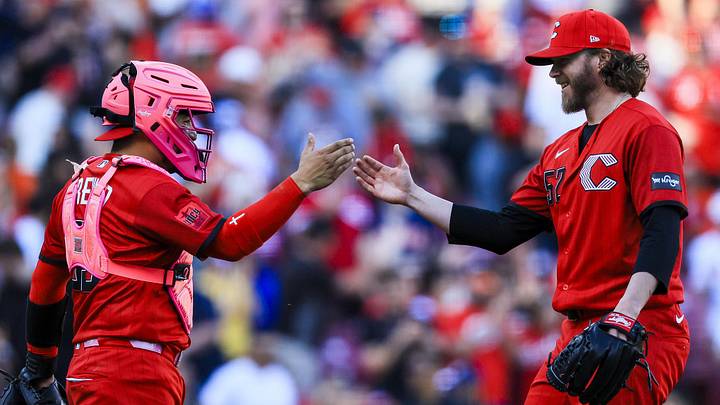 May 9, 2026; Cincinnati, Ohio, USA; Cincinnati Reds catcher Jose Trevino (35) high fives relief pitcher Pierce Johnson (52) after the victory over the Houston Astros at Great American Ball Park. Mandatory Credit: Katie Stratman-Imagn Images May 9, 2026; Cincinnati, Ohio, USA; Cincinnati Reds catcher Jose Trevino (35) high fives relief pitcher Pierce Johnson (52) after the victory over the Houston Astros at Great American Ball Park. Mandatory Credit: Katie Stratman-Imagn Images