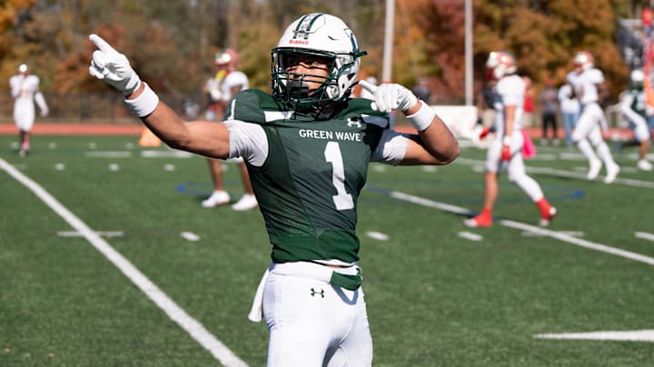 Oct 19, 2024; Morristown, NJ, USA; Bergen Catholic football at Delbarton. D #1 Phillip Folmar celebrates after making a catch.