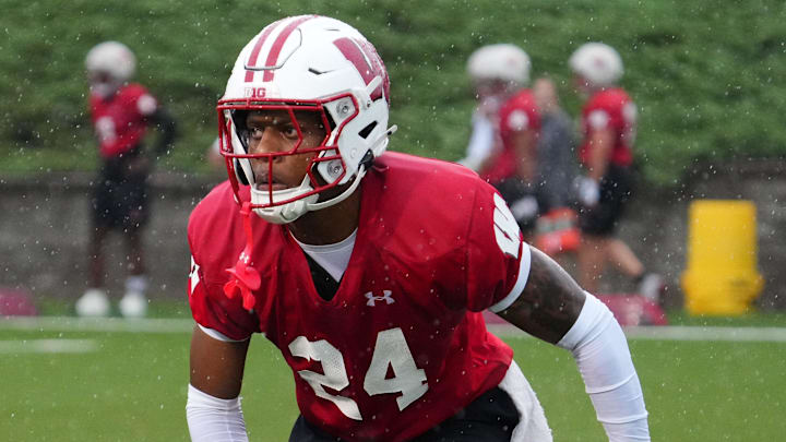 Wisconsin cornerback Jai'mier Scott (24) runs a drill during football practice on July 30, 2025, at Ralph E. Davis Pioneer Stadium in Platteville, Wisconsin. Wisconsin cornerback Jai'mier Scott (24) runs a drill during football practice on July 30, 2025, at Ralph E. Davis Pioneer Stadium in Platteville, Wisconsin.