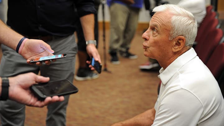 Aug 6, 2017; Tallahassee, FL, USA; Florida State Seminoles offensive line coach Rick Trickett speaks to the media during Media Day at Doak Campbell Stadium. Mandatory Credit: Melina Vastola-Imagn Images